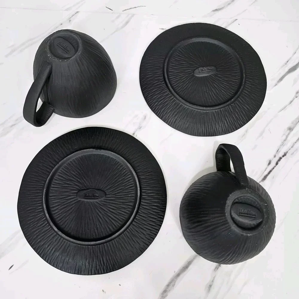 Lot of 2 Michael Aram Africana Black Matte Porcelain‎ Tea Cup & Saucer Set